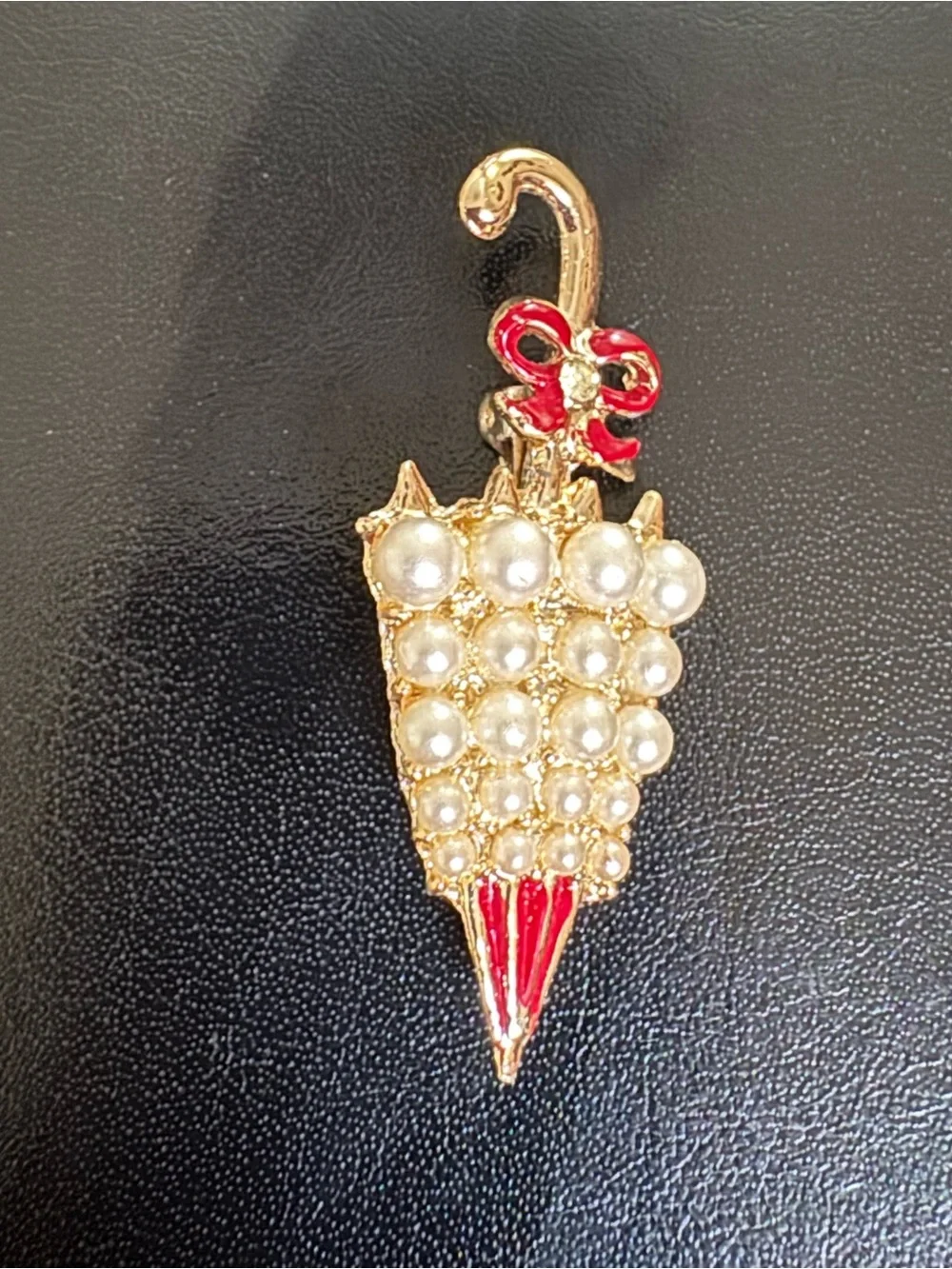 Vintage Gold Tone Faux Pearl Red Enamel Umbrella Brooch Fashion Jewelry